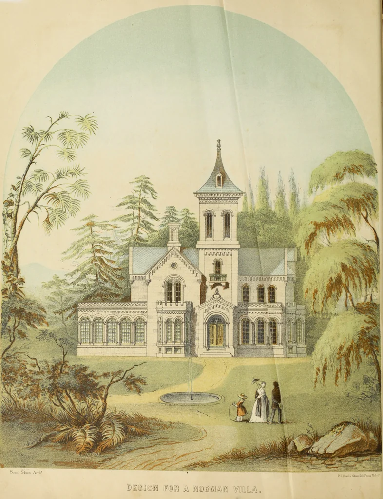 An illustration from The model architect : a series of original designs for cottages, villas, suburban residences, etc., accompanied by explanations, specifications, estimates, and elaborate details : prepared expressly for the use of projectors and artisans throughout the United States, 1852, leaf 7