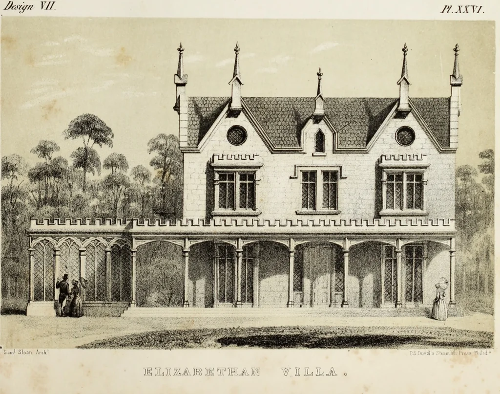 An illustration from The model architect : a series of original designs for cottages, villas, suburban residences, etc., accompanied by explanations, specifications, estimates, and elaborate details : prepared expressly for the use of projectors and artisans throughout the United States, 1852, leaf 72