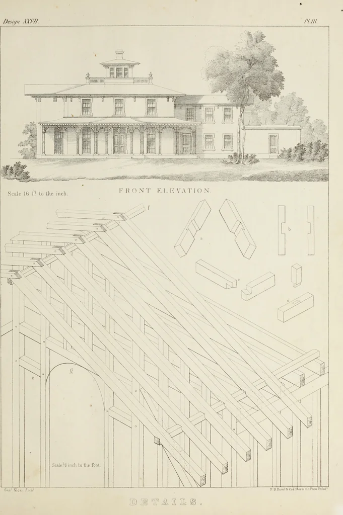 An illustration from The model architect : a series of original designs for cottages, villas, suburban residences, etc., accompanied by explanations, specifications, estimates, and elaborate details : prepared expressly for the use of projectors and artisans throughout the United States, 1852, leaf 20