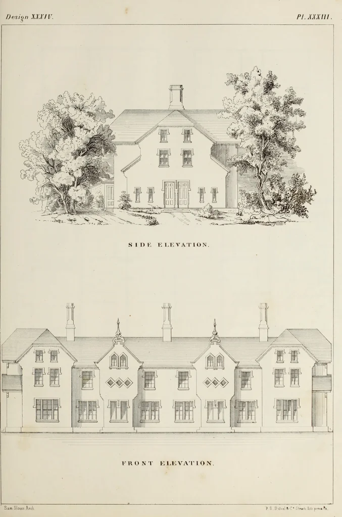 An illustration from The model architect : a series of original designs for cottages, villas, suburban residences, etc., accompanied by explanations, specifications, estimates, and elaborate details : prepared expressly for the use of projectors and artisans throughout the United States, 1852, leaf 72