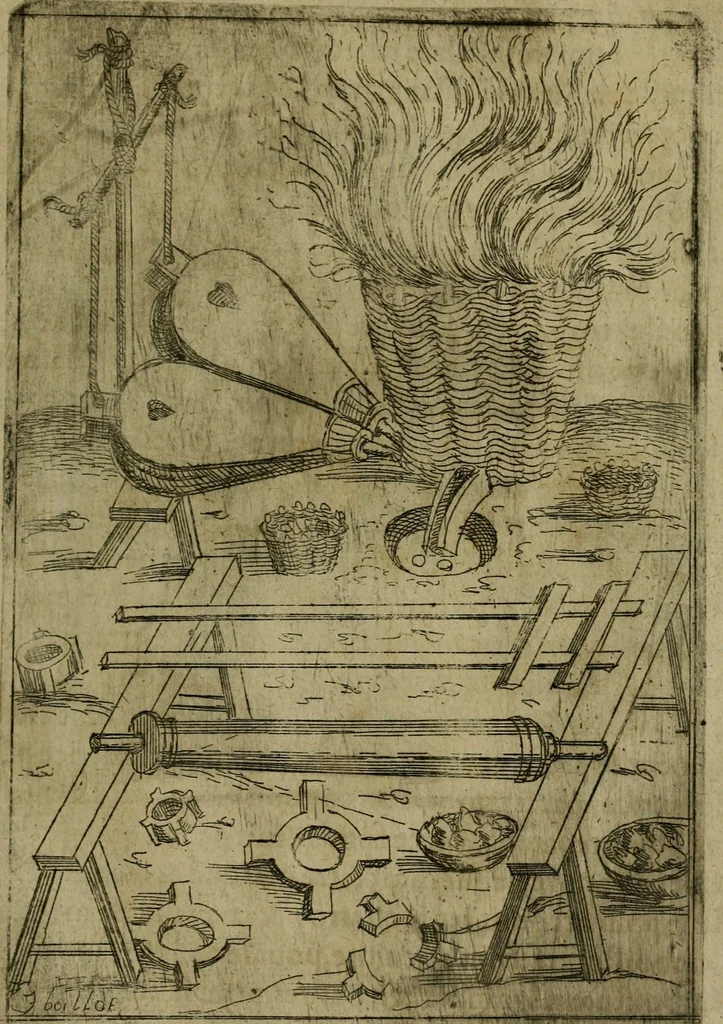 An illustration from Modelles, artifices de fev, et divers instrvmes de gverre : avec les moyes de s'en prevaloir : pour assieger, battre, surprendre, et deffendre toutes places : vtiles et necessaires a touvs cevx qvi fond profession des armes, 1598, leaf 116