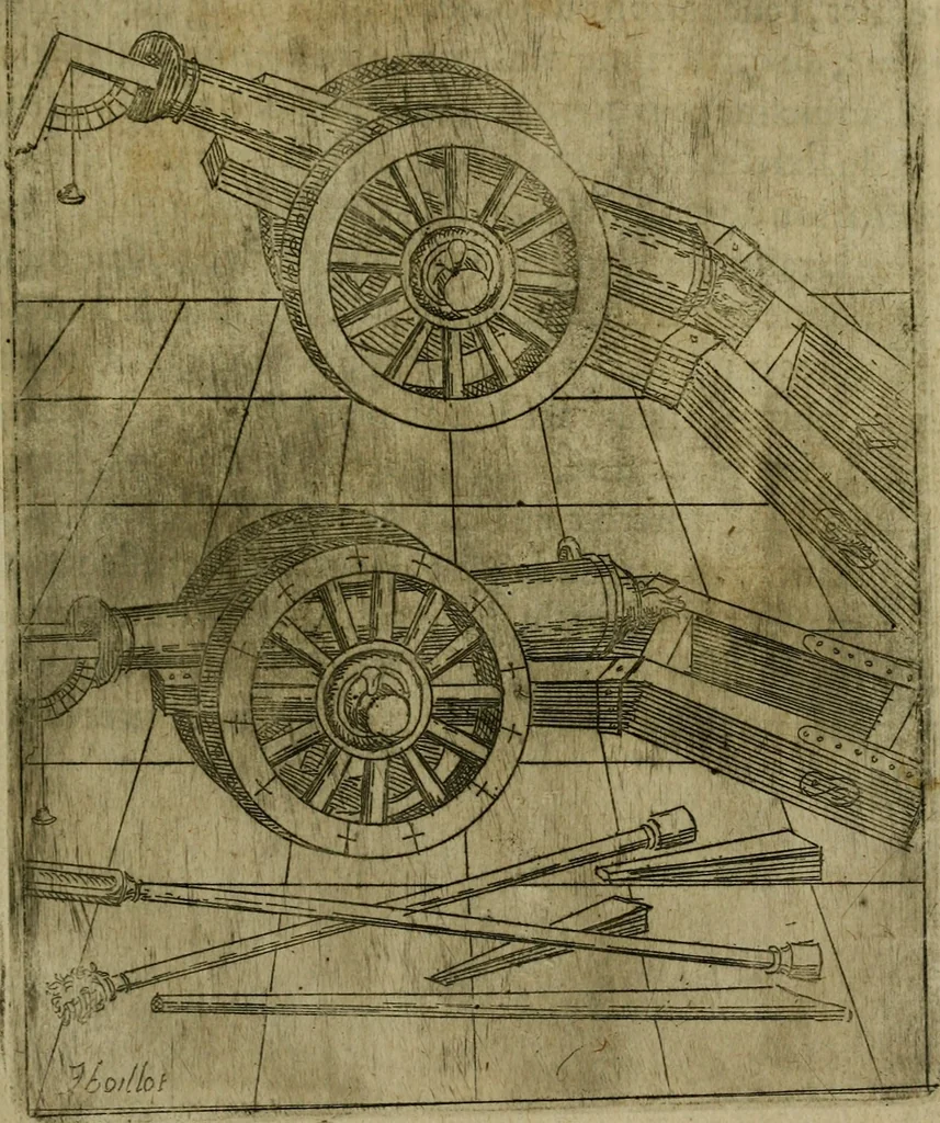 An illustration from Modelles, artifices de fev, et divers instrvmes de gverre : avec les moyes de s'en prevaloir : pour assieger, battre, surprendre, et deffendre toutes places : vtiles et necessaires a touvs cevx qvi fond profession des armes, 1598, leaf 134