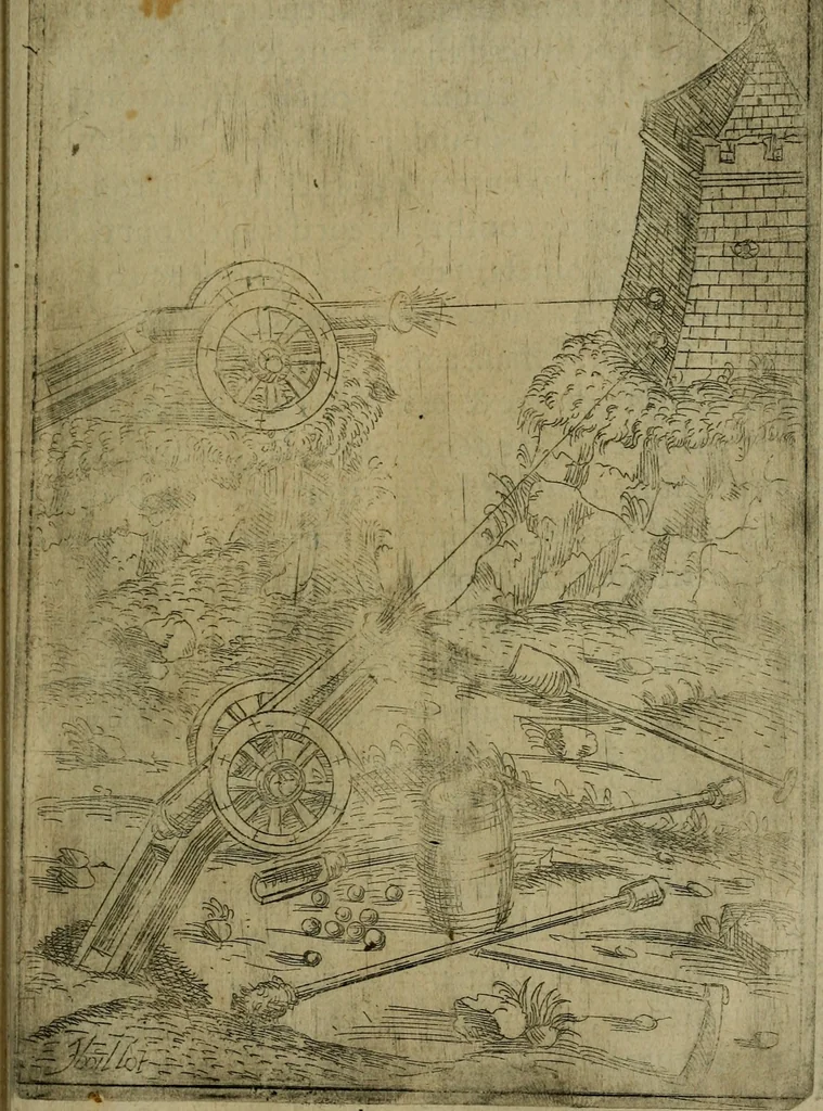 An illustration from Modelles, artifices de fev, et divers instrvmes de gverre : avec les moyes de s'en prevaloir : pour assieger, battre, surprendre, et deffendre toutes places : vtiles et necessaires a touvs cevx qvi fond profession des armes, 1598, leaf 138
