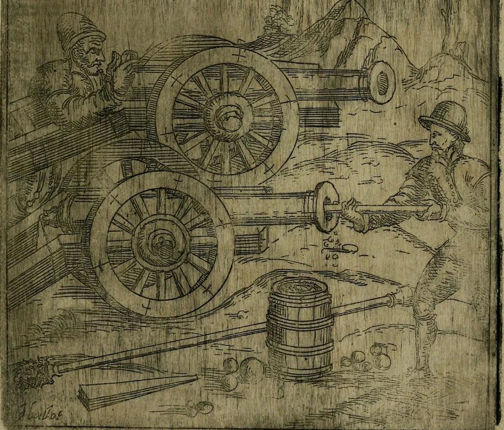 An illustration from Modelles, artifices de fev, et divers instrvmes de gverre : avec les moyes de s'en prevaloir : pour assieger, battre, surprendre, et deffendre toutes places : vtiles et necessaires a touvs cevx qvi fond profession des armes, 1598, leaf 142