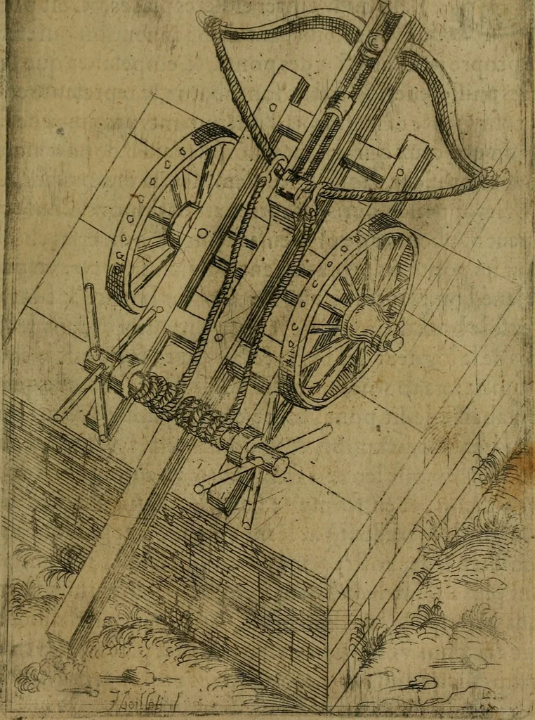 An illustration from Modelles, artifices de fev, et divers instrvmes de gverre : avec les moyes de s'en prevaloir : pour assieger, battre, surprendre, et deffendre toutes places : vtiles et necessaires a touvs cevx qvi fond profession des armes, 1598, leaf 144