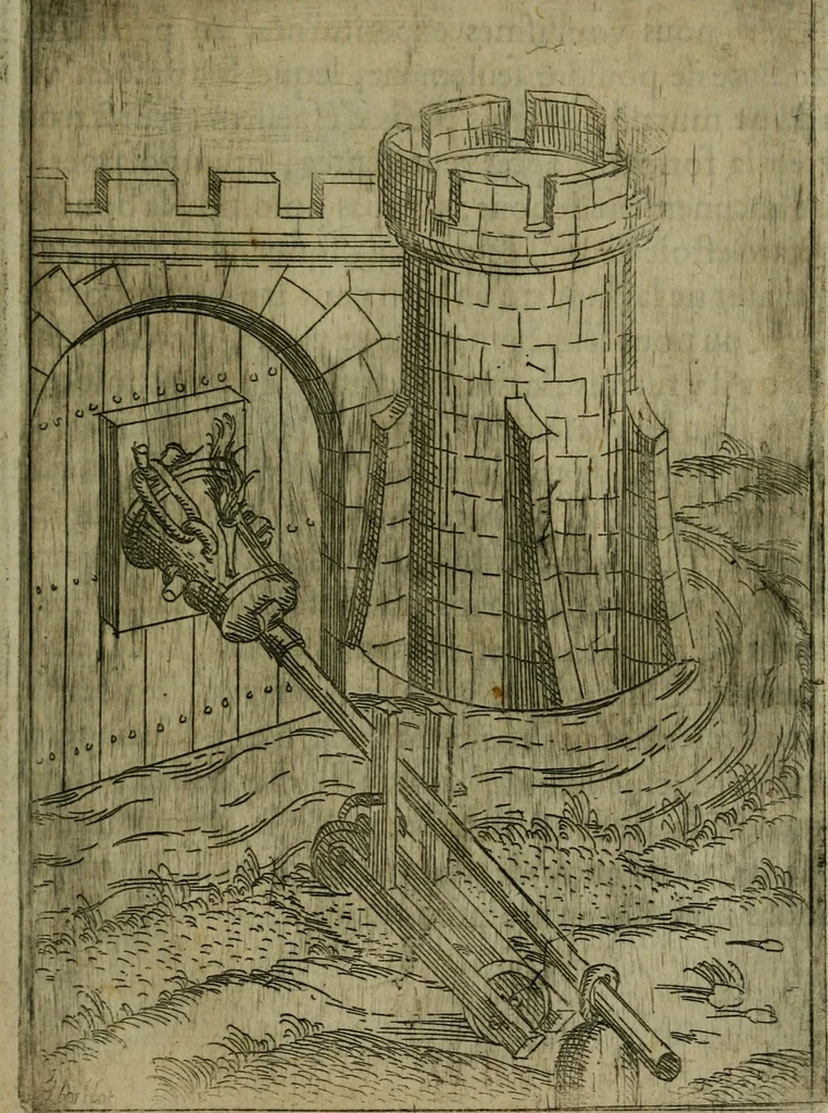 An illustration from Modelles, artifices de fev, et divers instrvmes de gverre : avec les moyes de s'en prevaloir : pour assieger, battre, surprendre, et deffendre toutes places : vtiles et necessaires a touvs cevx qvi fond profession des armes, 1598, leaf 154