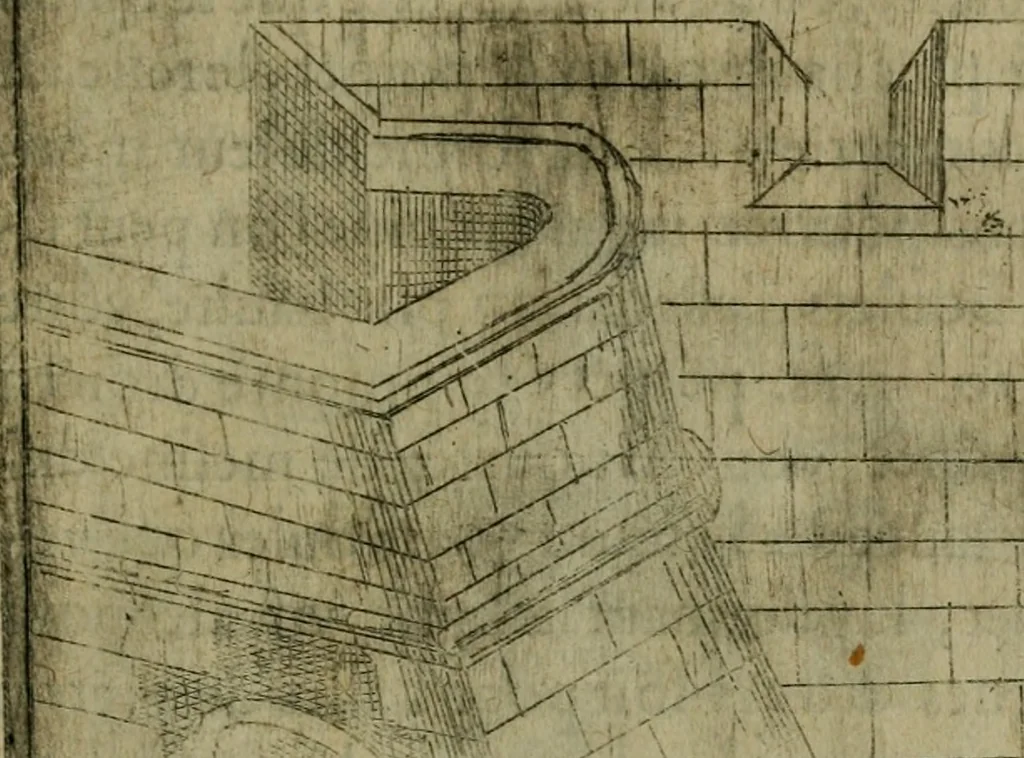 An illustration from Modelles, artifices de fev, et divers instrvmes de gverre : avec les moyes de s'en prevaloir : pour assieger, battre, surprendre, et deffendre toutes places : vtiles et necessaires a touvs cevx qvi fond profession des armes, 1598, leaf 156