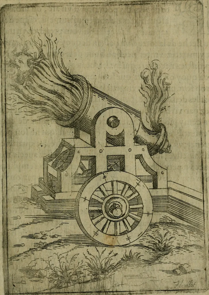 An illustration from Modelles, artifices de fev, et divers instrvmes de gverre : avec les moyes de s'en prevaloir : pour assieger, battre, surprendre, et deffendre toutes places : vtiles et necessaires a touvs cevx qvi fond profession des armes, 1598, leaf 158