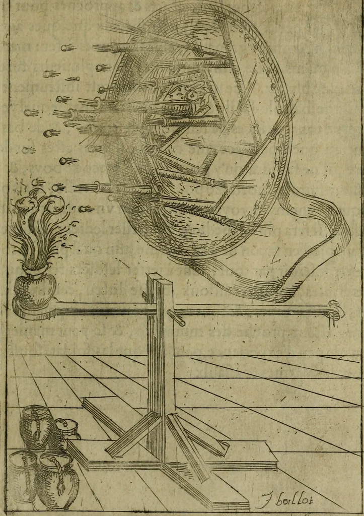 An illustration from Modelles, artifices de fev, et divers instrvmes de gverre : avec les moyes de s'en prevaloir : pour assieger, battre, surprendre, et deffendre toutes places : vtiles et necessaires a touvs cevx qvi fond profession des armes, 1598, leaf 196