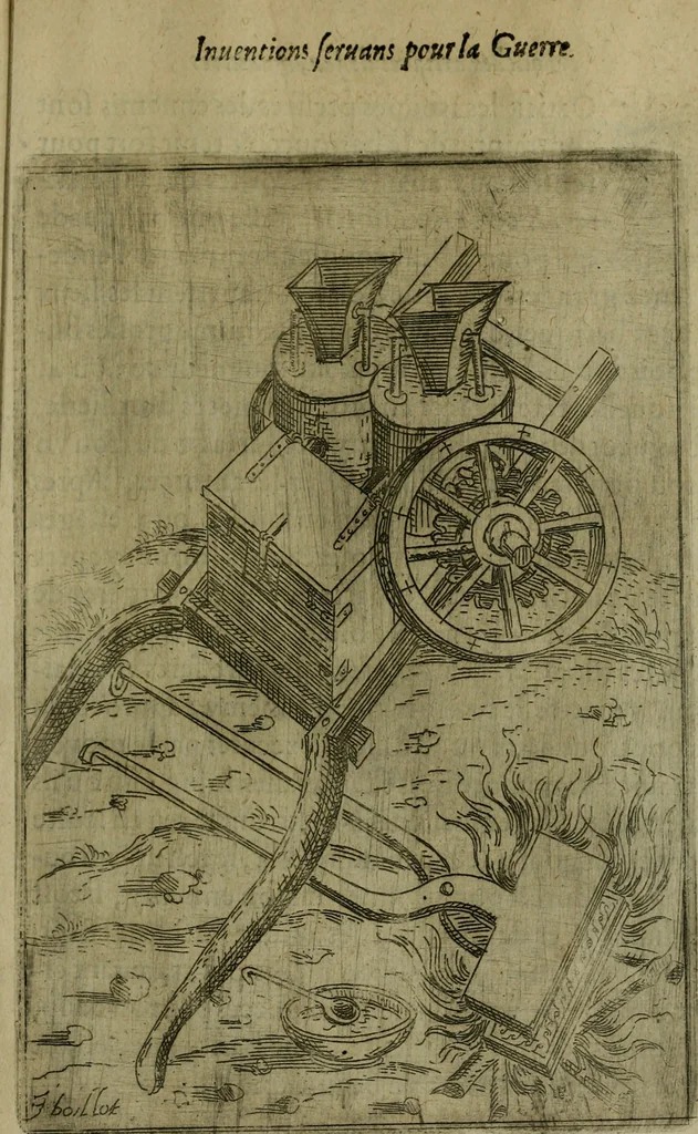 An illustration from Modelles, artifices de fev, et divers instrvmes de gverre : avec les moyes de s'en prevaloir : pour assieger, battre, surprendre, et deffendre toutes places : vtiles et necessaires a touvs cevx qvi fond profession des armes, 1598, leaf 210
