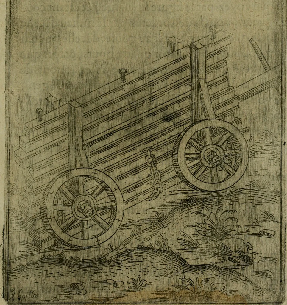 An illustration from Modelles, artifices de fev, et divers instrvmes de gverre : avec les moyes de s'en prevaloir : pour assieger, battre, surprendre, et deffendre toutes places : vtiles et necessaires a touvs cevx qvi fond profession des armes, 1598, leaf 214