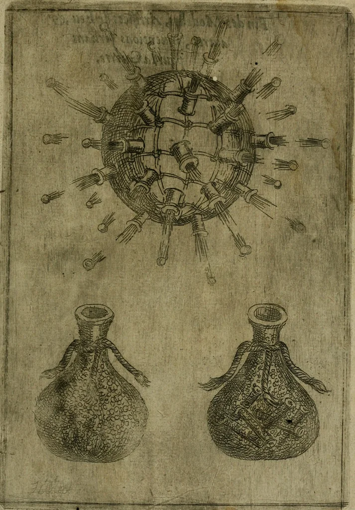 An illustration from Modelles, artifices de fev, et divers instrvmes de gverre : avec les moyes de s'en prevaloir : pour assieger, battre, surprendre, et deffendre toutes places : vtiles et necessaires a touvs cevx qvi fond profession des armes, 1598, leaf 216