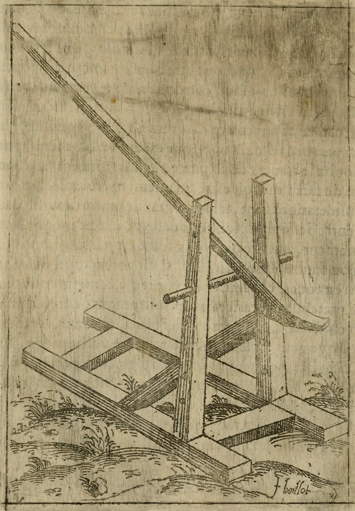An illustration from Modelles, artifices de fev, et divers instrvmes de gverre : avec les moyes de s'en prevaloir : pour assieger, battre, surprendre, et deffendre toutes places : vtiles et necessaires a touvs cevx qvi fond profession des armes, 1598, leaf 25