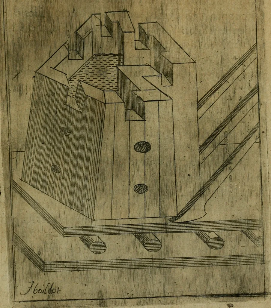 An illustration from Modelles, artifices de fev, et divers instrvmes de gverre : avec les moyes de s'en prevaloir : pour assieger, battre, surprendre, et deffendre toutes places : vtiles et necessaires a touvs cevx qvi fond profession des armes, 1598, leaf 32