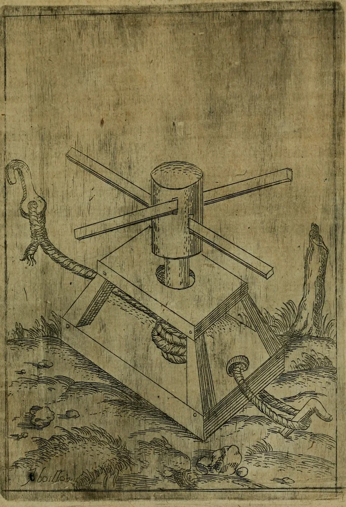 An illustration from Modelles, artifices de fev, et divers instrvmes de gverre : avec les moyes de s'en prevaloir : pour assieger, battre, surprendre, et deffendre toutes places : vtiles et necessaires a touvs cevx qvi fond profession des armes, 1598, leaf 34