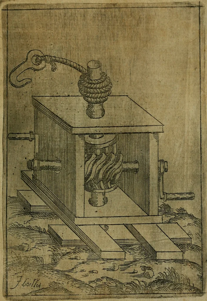 An illustration from Modelles, artifices de fev, et divers instrvmes de gverre : avec les moyes de s'en prevaloir : pour assieger, battre, surprendre, et deffendre toutes places : vtiles et necessaires a touvs cevx qvi fond profession des armes, 1598, leaf 36