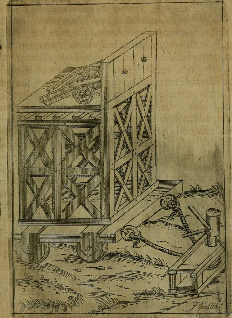 An illustration from Modelles, artifices de fev, et divers instrvmes de gverre : avec les moyes de s'en prevaloir : pour assieger, battre, surprendre, et deffendre toutes places : vtiles et necessaires a touvs cevx qvi fond profession des armes, 1598, leaf 38