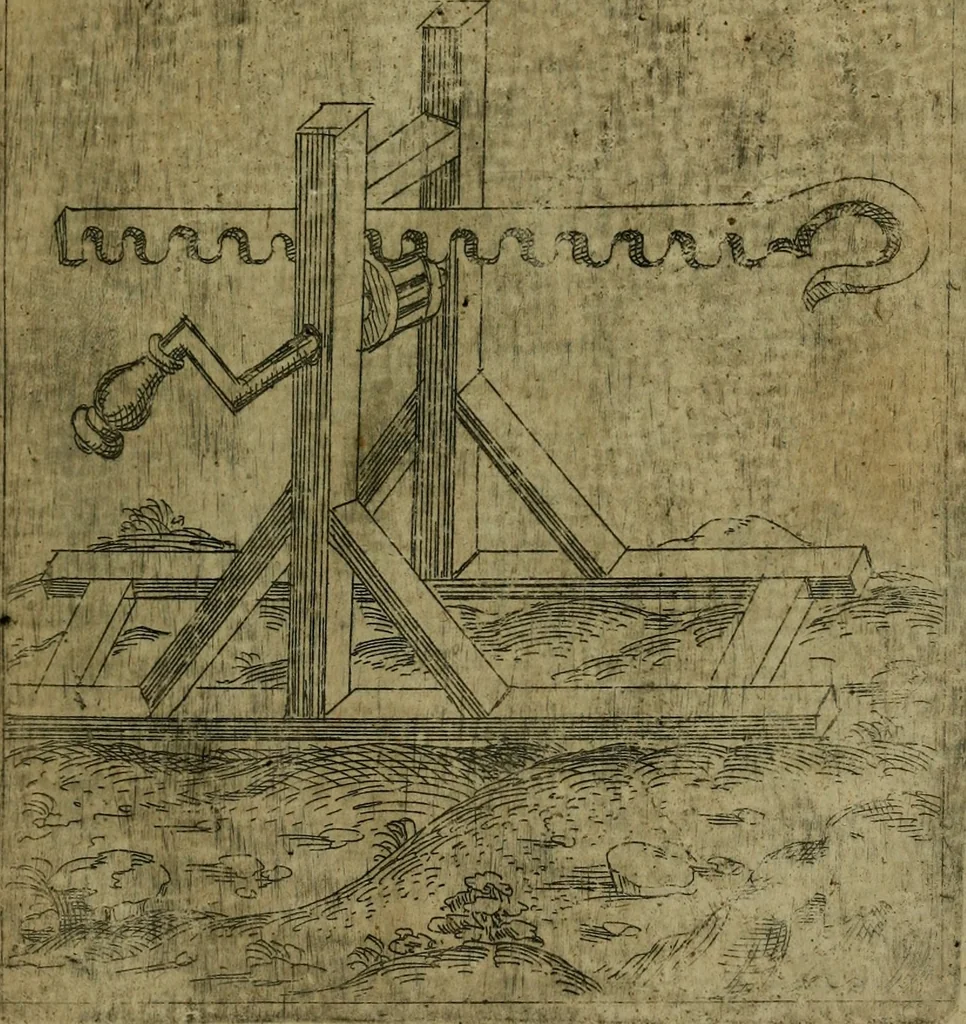 An illustration from Modelles, artifices de fev, et divers instrvmes de gverre : avec les moyes de s'en prevaloir : pour assieger, battre, surprendre, et deffendre toutes places : vtiles et necessaires a touvs cevx qvi fond profession des armes, 1598, leaf 42