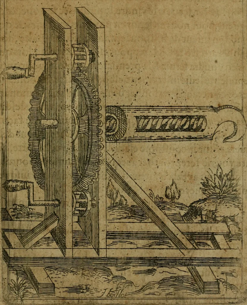 An illustration from Modelles, artifices de fev, et divers instrvmes de gverre : avec les moyes de s'en prevaloir : pour assieger, battre, surprendre, et deffendre toutes places : vtiles et necessaires a touvs cevx qvi fond profession des armes, 1598, leaf 44