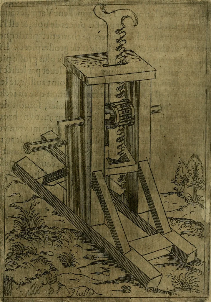 An illustration from Modelles, artifices de fev, et divers instrvmes de gverre : avec les moyes de s'en prevaloir : pour assieger, battre, surprendre, et deffendre toutes places : vtiles et necessaires a touvs cevx qvi fond profession des armes, 1598, leaf 46