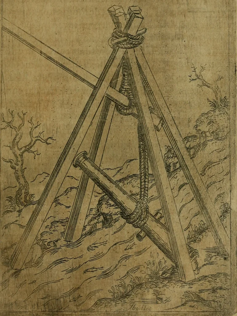 An illustration from Modelles, artifices de fev, et divers instrvmes de gverre : avec les moyes de s'en prevaloir : pour assieger, battre, surprendre, et deffendre toutes places : vtiles et necessaires a touvs cevx qvi fond profession des armes, 1598, leaf 50