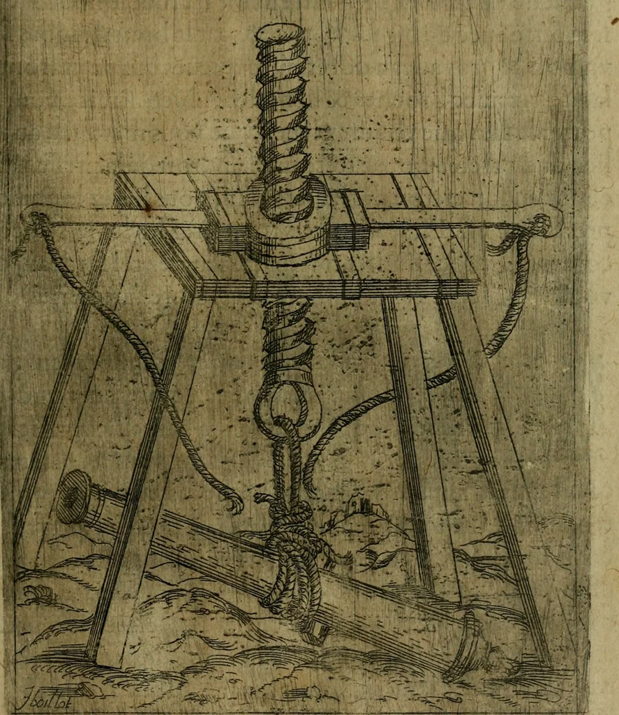 An illustration from Modelles, artifices de fev, et divers instrvmes de gverre : avec les moyes de s'en prevaloir : pour assieger, battre, surprendre, et deffendre toutes places : vtiles et necessaires a touvs cevx qvi fond profession des armes, 1598, leaf 52