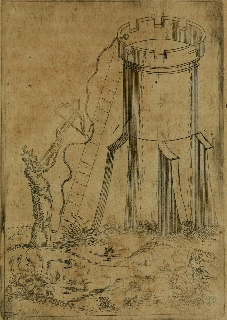 An illustration from Modelles, artifices de fev, et divers instrvmes de gverre : avec les moyes de s'en prevaloir : pour assieger, battre, surprendre, et deffendre toutes places : vtiles et necessaires a touvs cevx qvi fond profession des armes, 1598, leaf 54