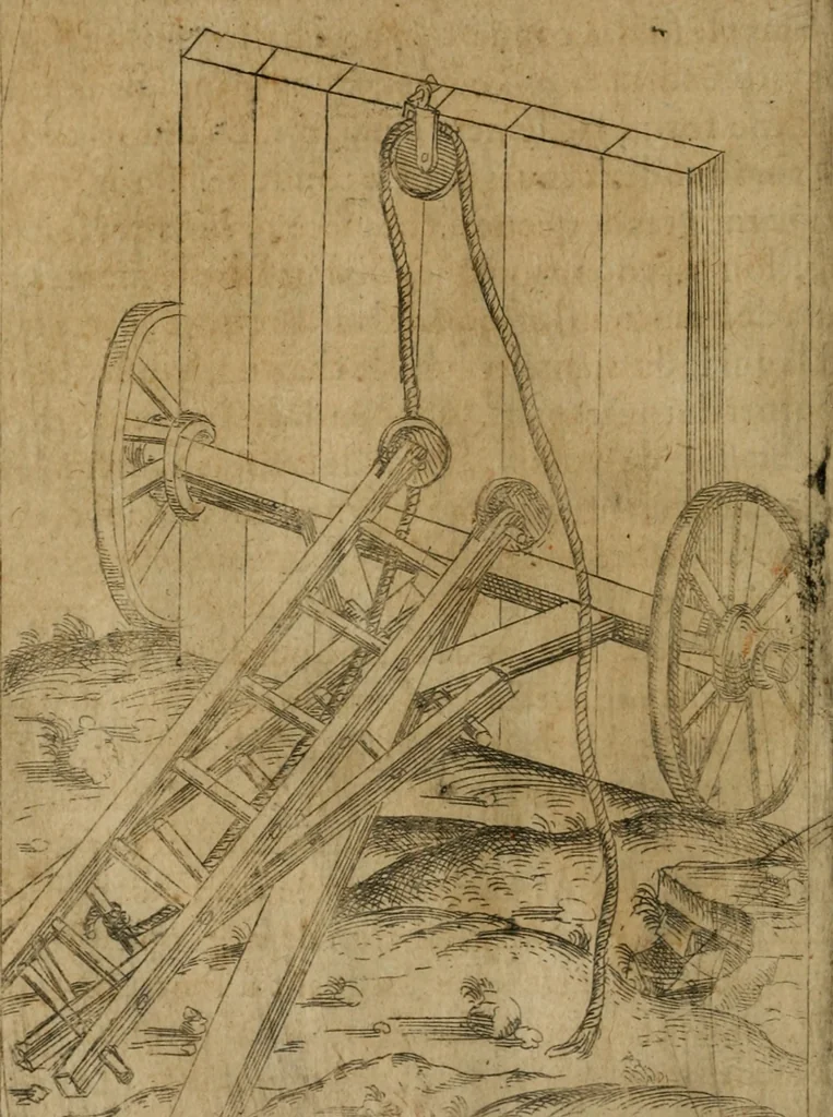 An illustration from Modelles, artifices de fev, et divers instrvmes de gverre : avec les moyes de s'en prevaloir : pour assieger, battre, surprendre, et deffendre toutes places : vtiles et necessaires a touvs cevx qvi fond profession des armes, 1598, leaf 67
