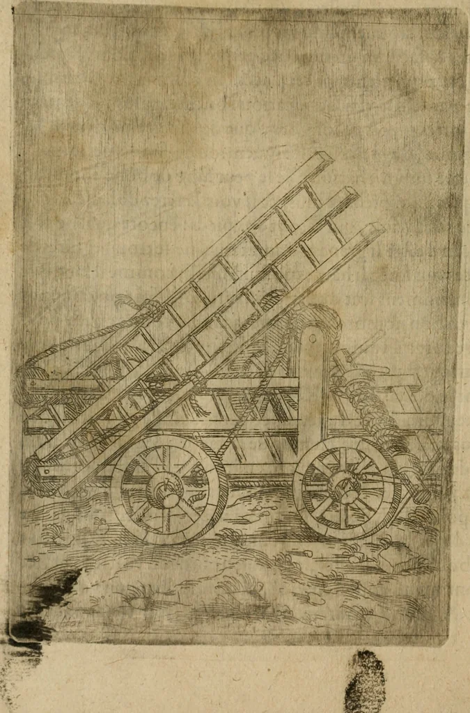 An illustration from Modelles, artifices de fev, et divers instrvmes de gverre : avec les moyes de s'en prevaloir : pour assieger, battre, surprendre, et deffendre toutes places : vtiles et necessaires a touvs cevx qvi fond profession des armes, 1598, leaf 69