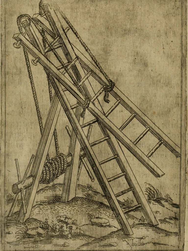 An illustration from Modelles, artifices de fev, et divers instrvmes de gverre : avec les moyes de s'en prevaloir : pour assieger, battre, surprendre, et deffendre toutes places : vtiles et necessaires a touvs cevx qvi fond profession des armes, 1598, leaf 71