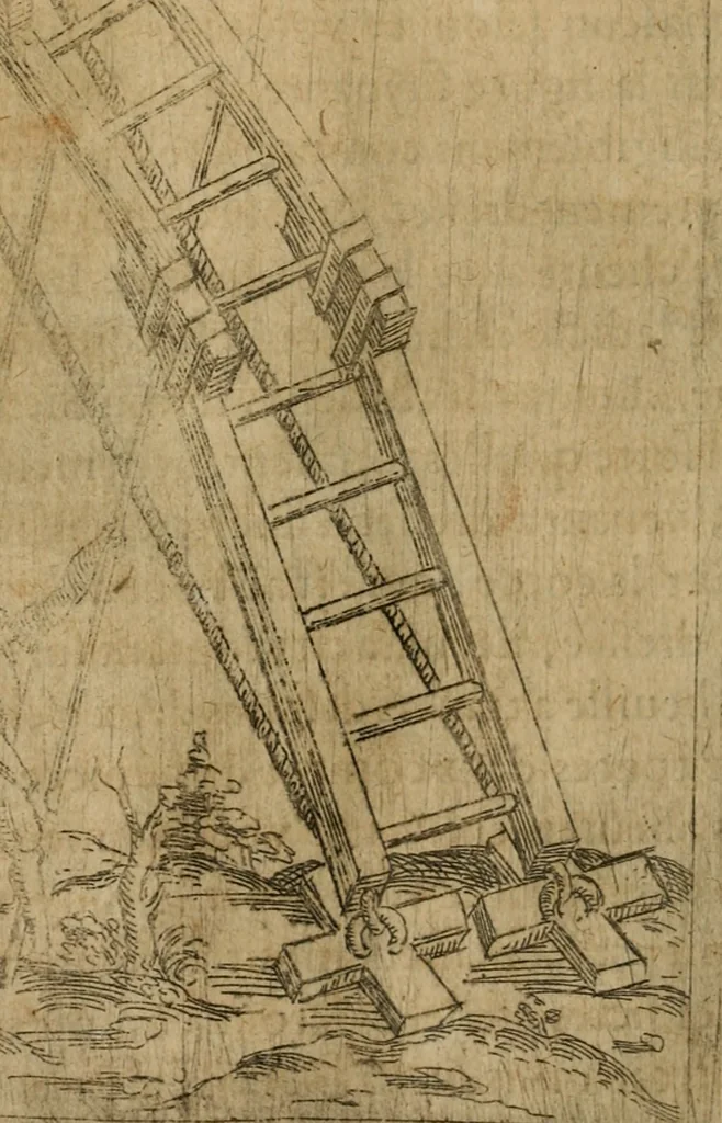 An illustration from Modelles, artifices de fev, et divers instrvmes de gverre : avec les moyes de s'en prevaloir : pour assieger, battre, surprendre, et deffendre toutes places : vtiles et necessaires a touvs cevx qvi fond profession des armes, 1598, leaf 75