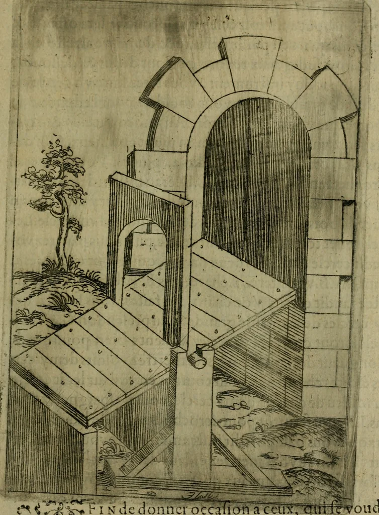 An illustration from Modelles, artifices de fev, et divers instrvmes de gverre : avec les moyes de s'en prevaloir : pour assieger, battre, surprendre, et deffendre toutes places : vtiles et necessaires a touvs cevx qvi fond profession des armes, 1598, leaf 92