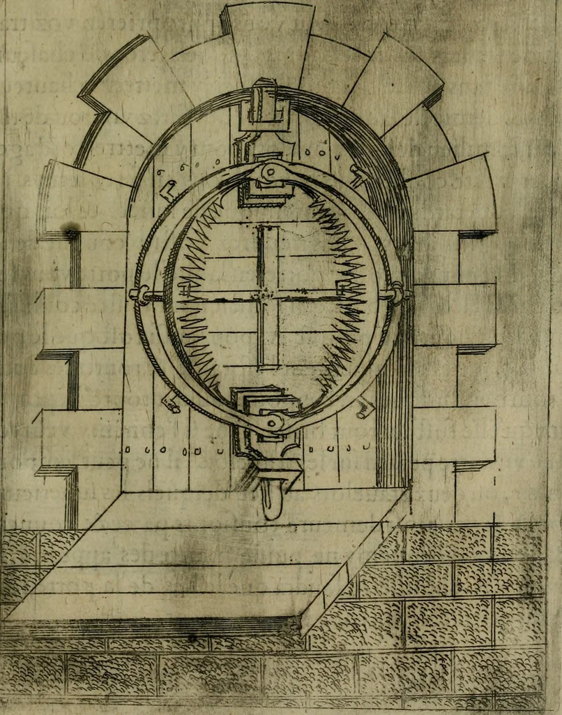 An illustration from Modelles, artifices de fev, et divers instrvmes de gverre : avec les moyes de s'en prevaloir : pour assieger, battre, surprendre, et deffendre toutes places : vtiles et necessaires a touvs cevx qvi fond profession des armes, 1598, leaf 94