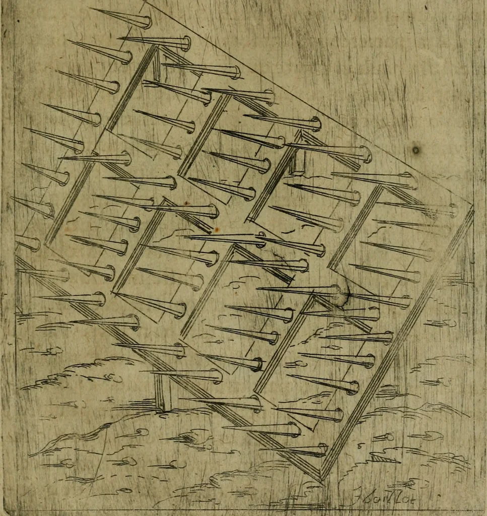 An illustration from Modelles, artifices de fev, et divers instrvmes de gverre : avec les moyes de s'en prevaloir : pour assieger, battre, surprendre, et deffendre toutes places : vtiles et necessaires a touvs cevx qvi fond profession des armes, 1598, leaf 98