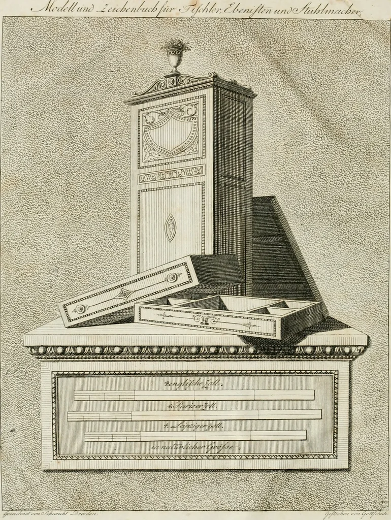 An illustration from Modell- und Zeichnungsbuch für Ebenisten, Tischer, Tapezirer und Stuhlmacher : und sonst für jeden Liebhaber des guten Geschmacks bey Möblirung und Einrichtung der Putz- und Prachtzimmer, 1794, leaf 5