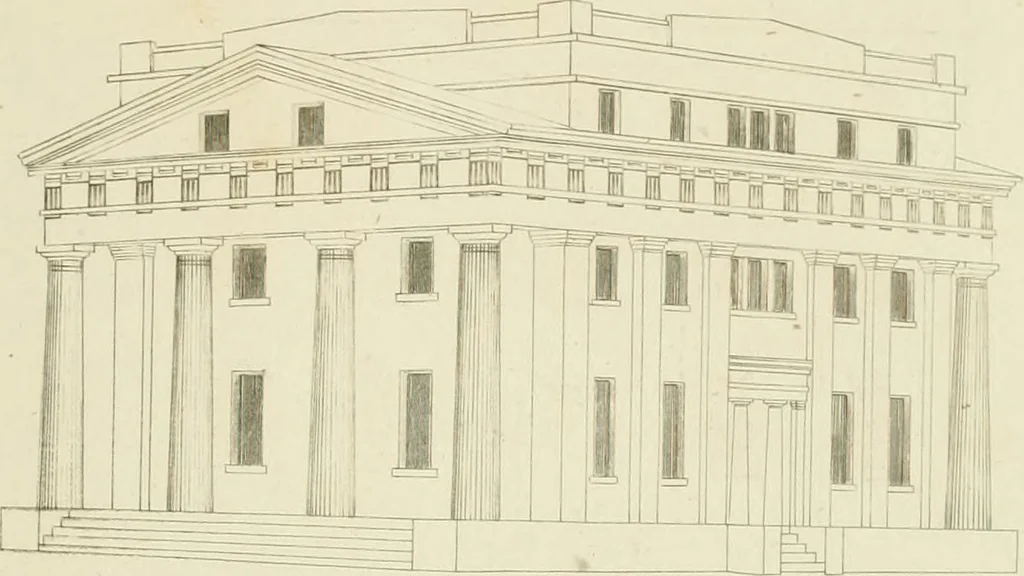 An illustration from The modern architect : or, Every carpenter his own master ; embracing plans, elevations, specifications, framing, etc., for private houses, classic dwellings, churches, &c. to which is added a new system of stair-building, 1854, leaf 156