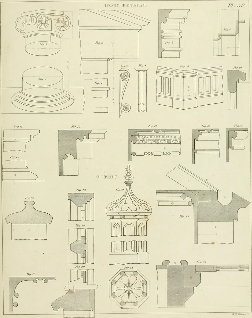 An illustration from The modern architect : or, Every carpenter his own master ; embracing plans, elevations, specifications, framing, etc., for private houses, classic dwellings, churches, &c. to which is added a new system of stair-building, 1854, leaf 260