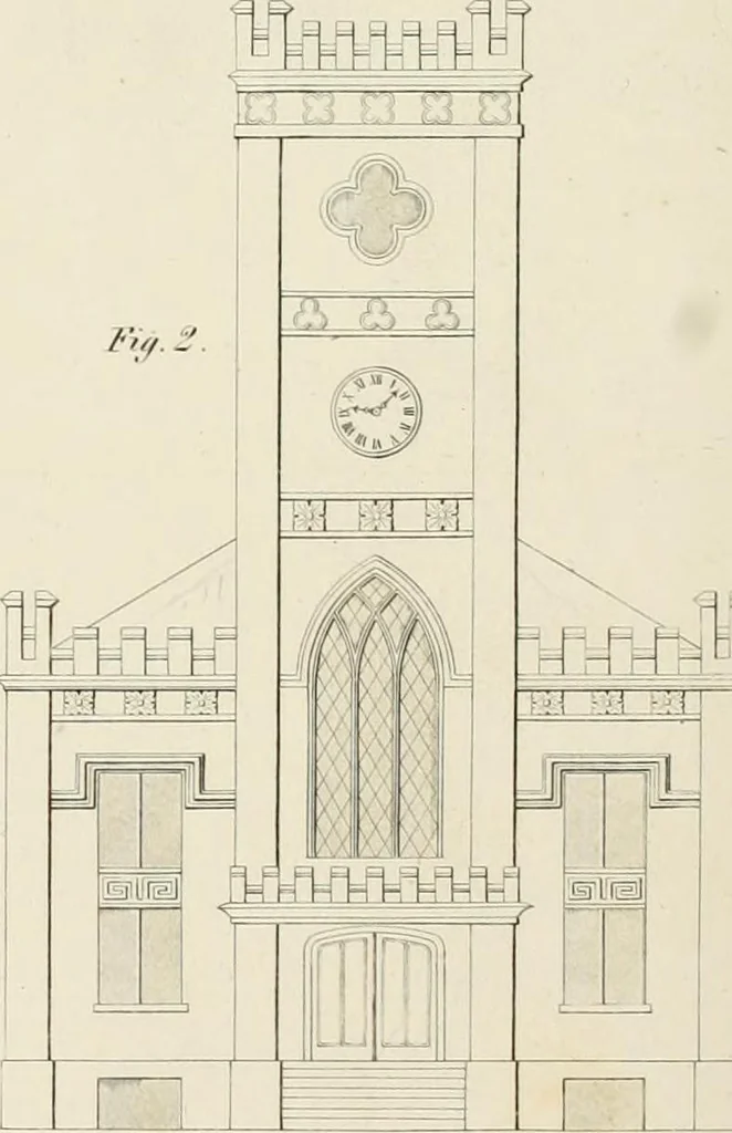 An illustration from The modern architect : or, Every carpenter his own master ; embracing plans, elevations, specifications, framing, etc., for private houses, classic dwellings, churches, &c. to which is added a new system of stair-building, 1854, leaf 263