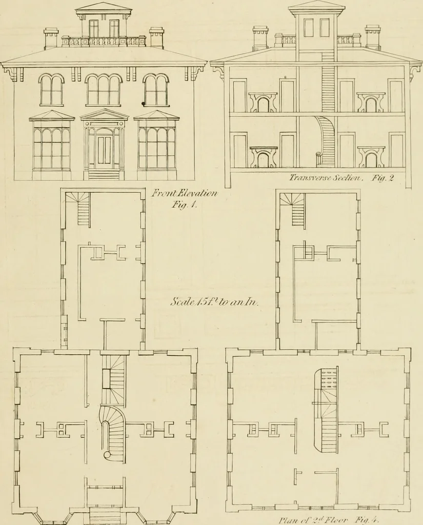 An illustration from The modern architect : or, Every carpenter his own master ; embracing plans, elevations, specifications, framing, etc., for private houses, classic dwellings, churches, &c. to which is added a new system of stair-building, 1854, leaf 288