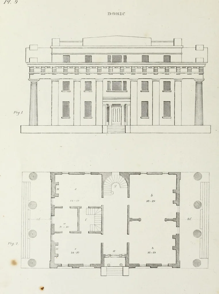 An illustration from The modern architect, or, Every carpenter his own master : embracing plans, elevations, specifications, framing, etc., for private houses, classic dwellings, churches, &c., to which added the new system of stair-building, 1855, leaf 155
