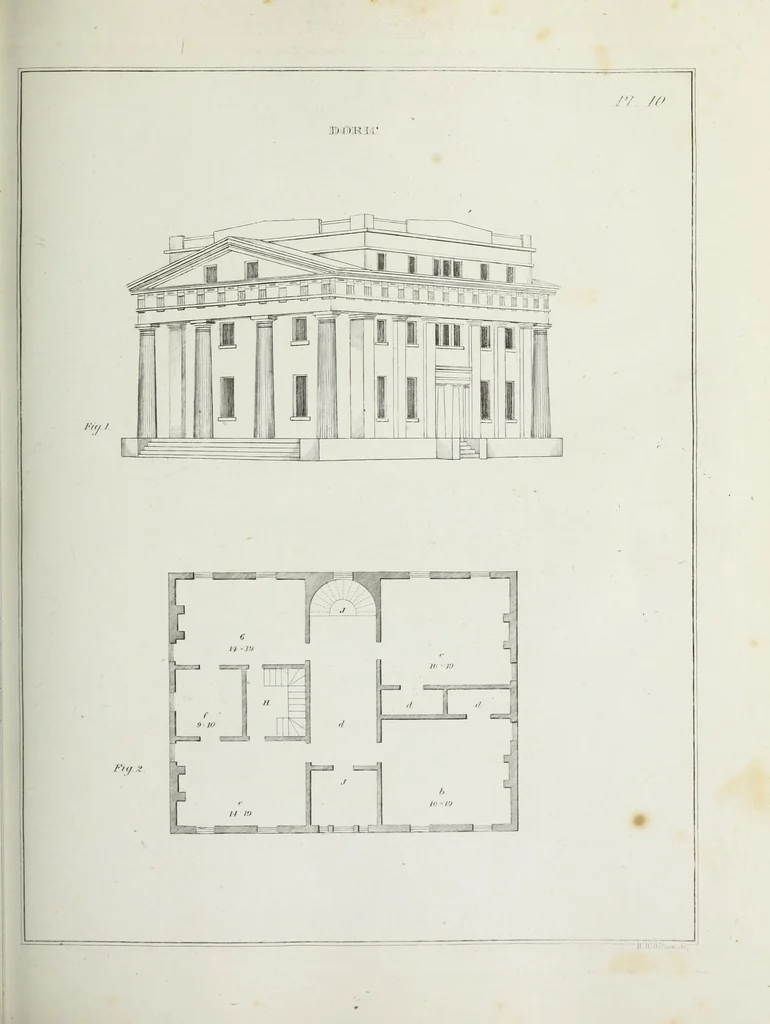 An illustration from The modern architect, or, Every carpenter his own master : embracing plans, elevations, specifications, framing, etc., for private houses, classic dwellings, churches, &c., to which added the new system of stair-building, 1855, leaf 156