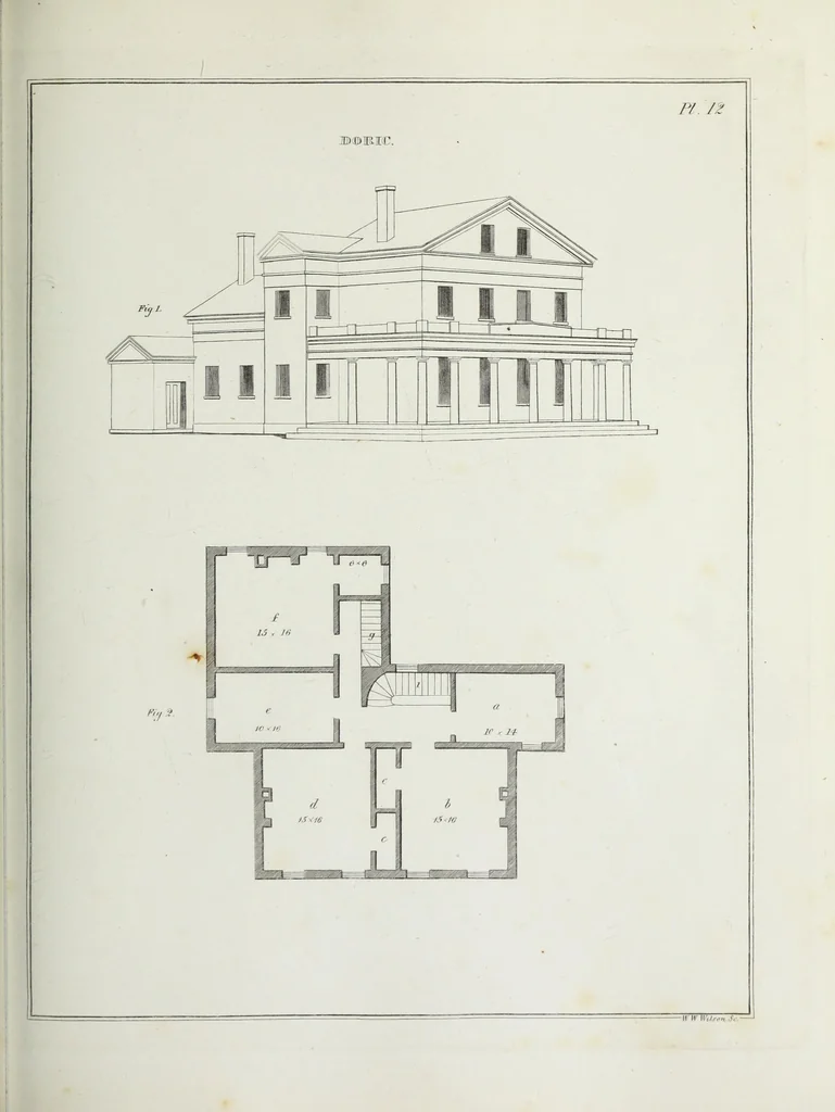 An illustration from The modern architect, or, Every carpenter his own master : embracing plans, elevations, specifications, framing, etc., for private houses, classic dwellings, churches, &c., to which added the new system of stair-building, 1855, leaf 160