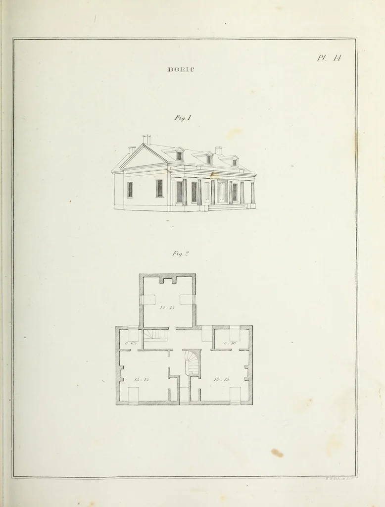 An illustration from The modern architect, or, Every carpenter his own master : embracing plans, elevations, specifications, framing, etc., for private houses, classic dwellings, churches, &c., to which added the new system of stair-building, 1855, leaf 164