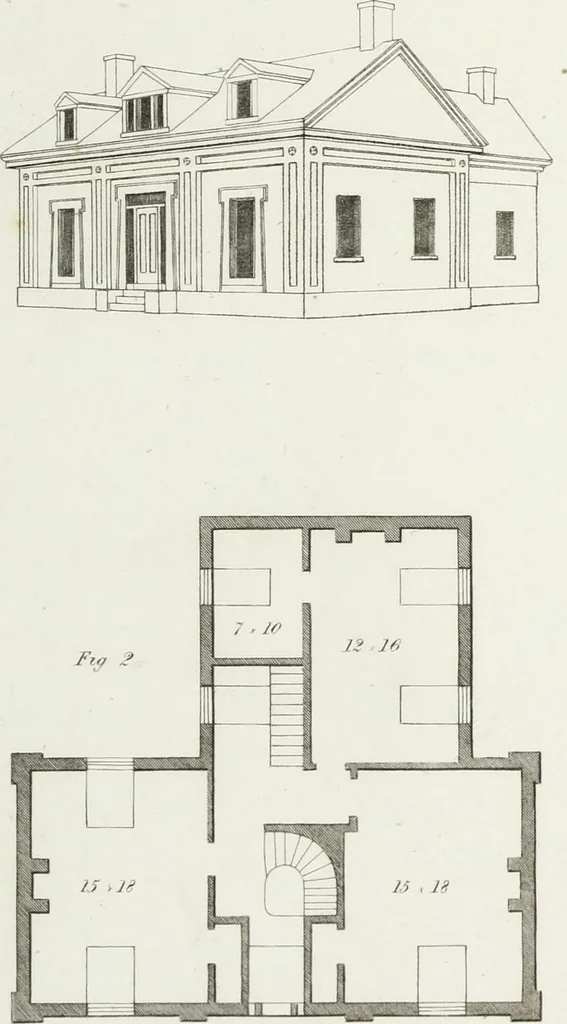An illustration from The modern architect, or, Every carpenter his own master : embracing plans, elevations, specifications, framing, etc., for private houses, classic dwellings, churches, &c., to which added the new system of stair-building, 1855, leaf 180
