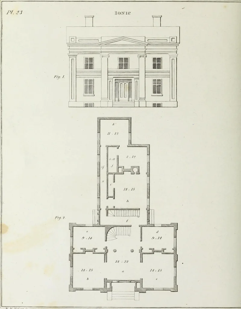 An illustration from The modern architect, or, Every carpenter his own master : embracing plans, elevations, specifications, framing, etc., for private houses, classic dwellings, churches, &c., to which added the new system of stair-building, 1855, leaf 183