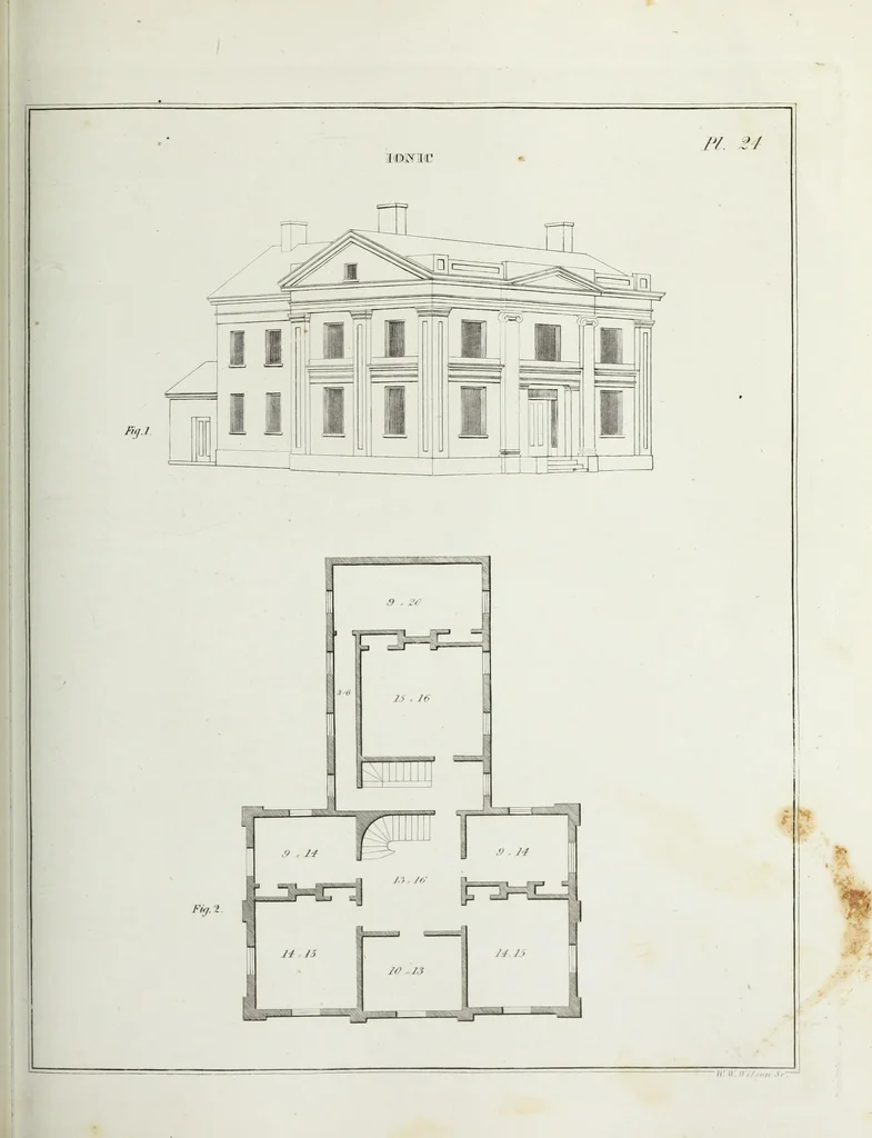 An illustration from The modern architect, or, Every carpenter his own master : embracing plans, elevations, specifications, framing, etc., for private houses, classic dwellings, churches, &c., to which added the new system of stair-building, 1855, leaf 184
