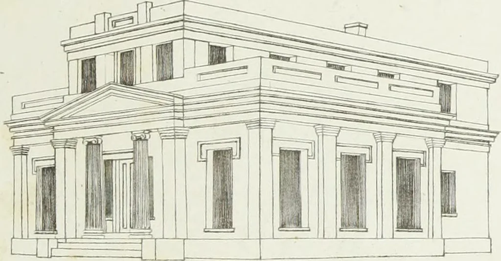 An illustration from The modern architect, or, Every carpenter his own master : embracing plans, elevations, specifications, framing, etc., for private houses, classic dwellings, churches, &c., to which added the new system of stair-building, 1855, leaf 188