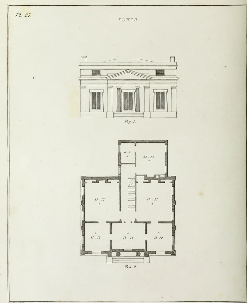 An illustration from The modern architect, or, Every carpenter his own master : embracing plans, elevations, specifications, framing, etc., for private houses, classic dwellings, churches, &c., to which added the new system of stair-building, 1855, leaf 191
