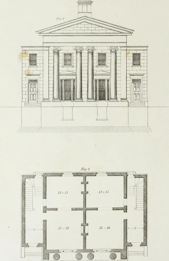 An illustration from The modern architect, or, Every carpenter his own master : embracing plans, elevations, specifications, framing, etc., for private houses, classic dwellings, churches, &c., to which added the new system of stair-building, 1855, leaf 195
