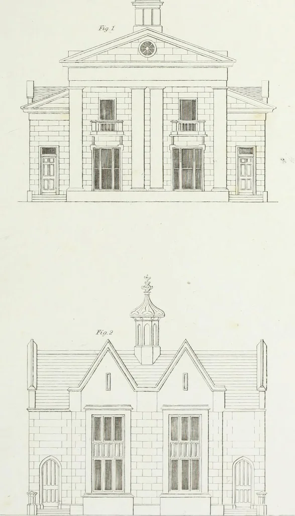 An illustration from The modern architect, or, Every carpenter his own master : embracing plans, elevations, specifications, framing, etc., for private houses, classic dwellings, churches, &c., to which added the new system of stair-building, 1855, leaf 196